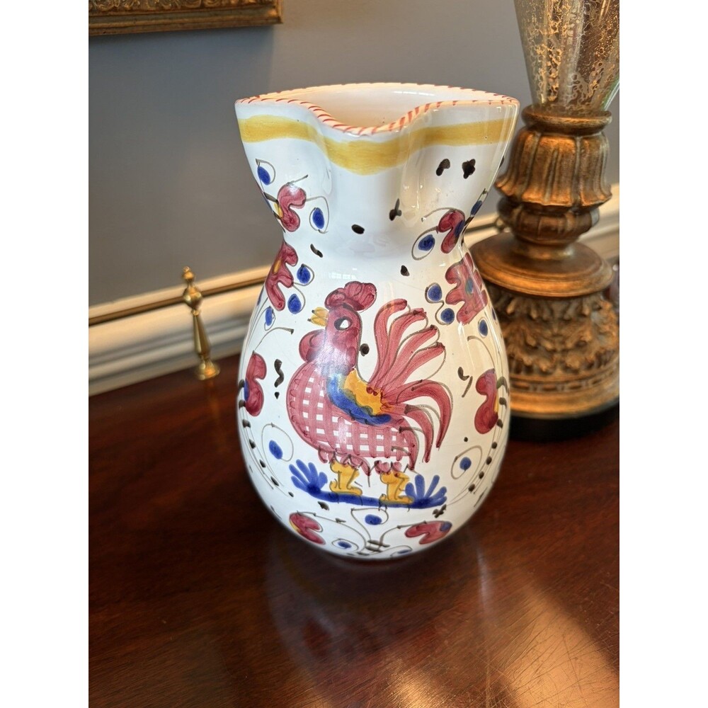 Deruta Majolica Red Rooster Pitcher Hand Painted Gallo Jug